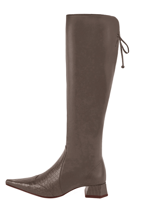 French elegance and refinement for these taupe brown knee-high boots, with laces at the back, 
                available in many subtle leather and colour combinations. Pretty boot adjustable to your measurements in height and width
Customizable or not, in your materials and colors.
Its half side zip and rear opening will leave you very comfortable.
For pointed toe fans. 
                Made to measure. Especially suited to thin or thick calves.
                Matching clutches for parties, ceremonies and weddings.   
                You can customize these knee-high boots to perfectly match your tastes or needs, and have a unique model.  
                Choice of leathers, colours, knots and heels. 
                Wide range of materials and shades carefully chosen.  
                Rich collection of flat, low, mid and high heels.  
                Small and large shoe sizes - Florence KOOIJMAN